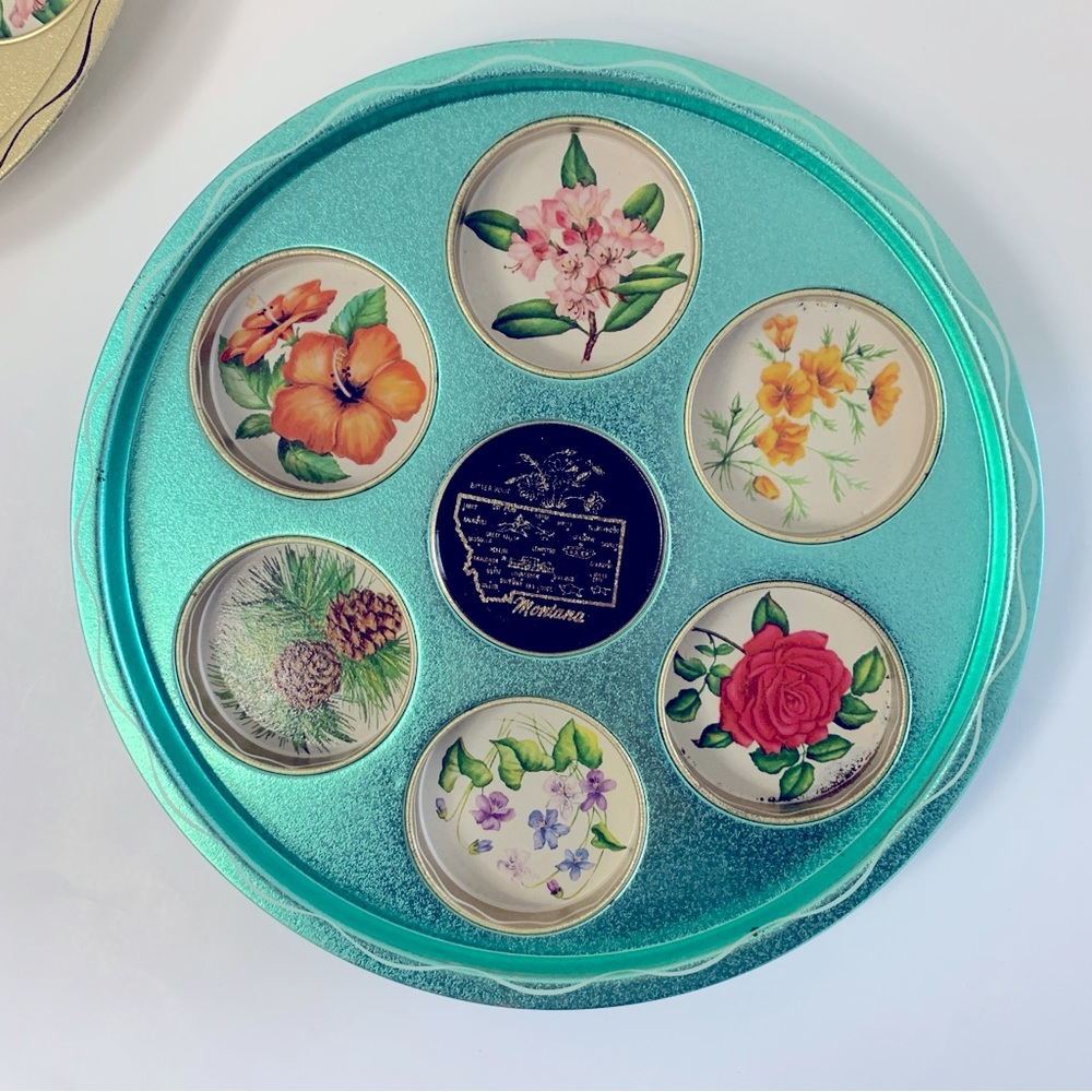 Vintage Montana Souvenir Metal Tray Holds 7 Glasses Floral Green